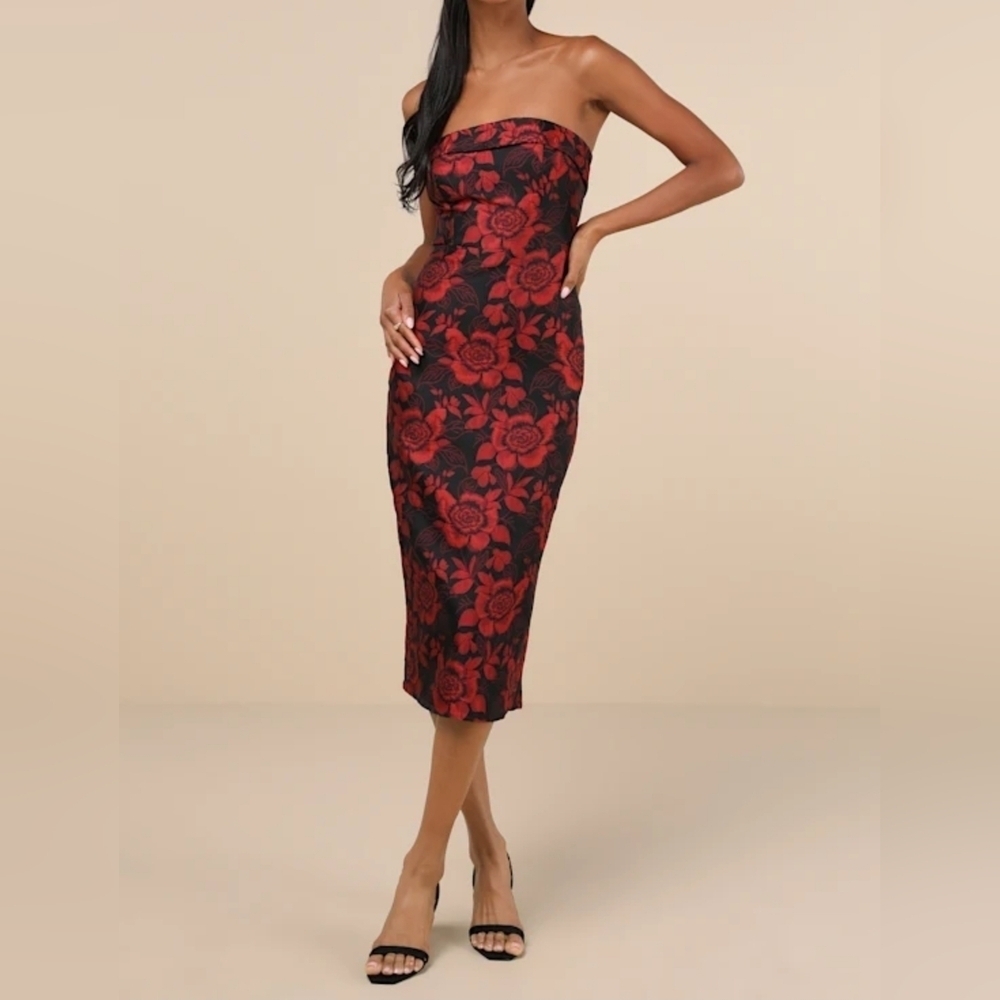 Lulus Polished Muse Black and Red Jacquard Strapless Midi Dress, XS